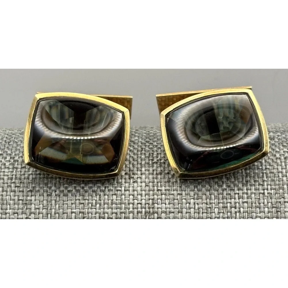 Vintage 14K Solid Gold Cufflinks Dark Green Gemstones Men's Formal Wear Luxury